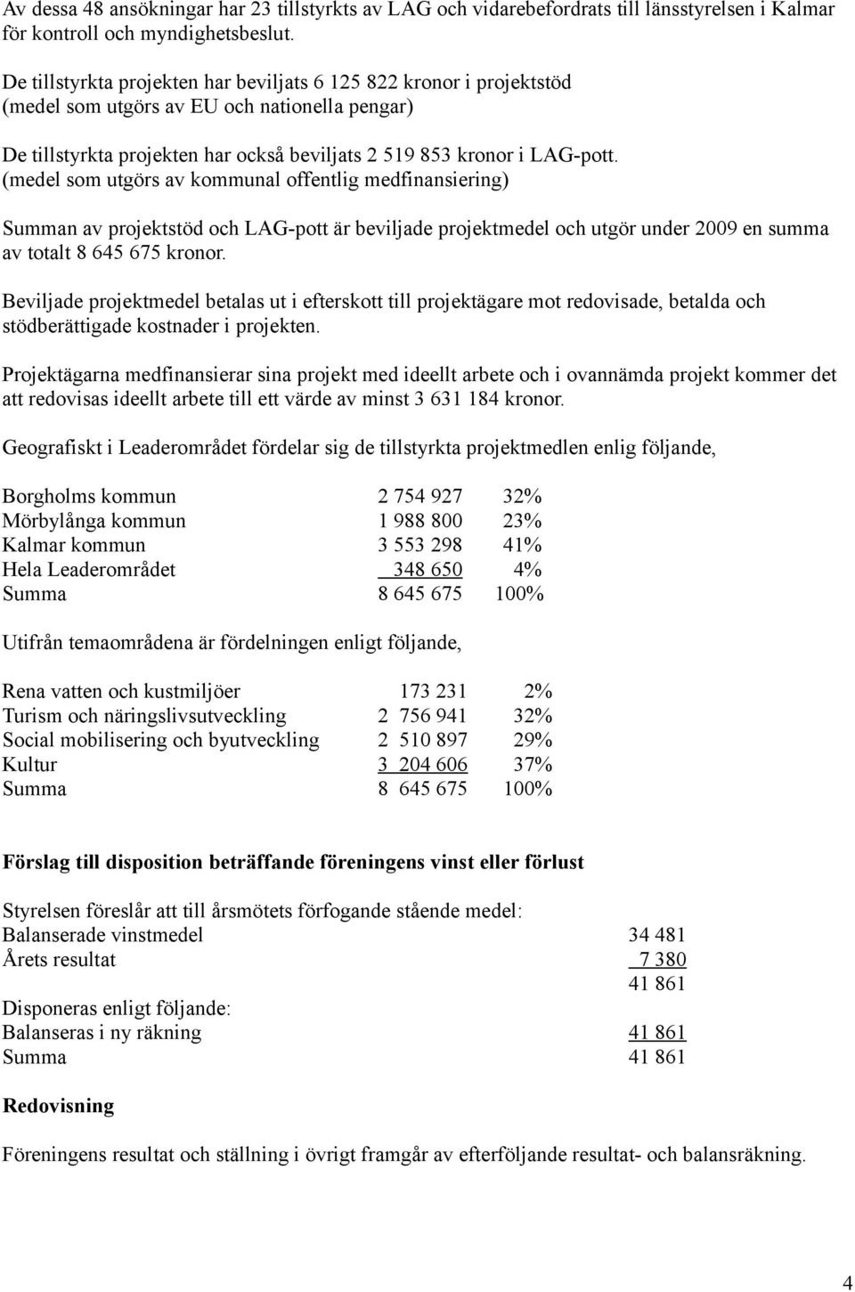 (medel som utgörs av kommunal offentlig medfinansiering) Summan av projektstöd och LAG-pott är beviljade projektmedel och utgör under 2009 en summa av totalt 8 645 675 kronor.