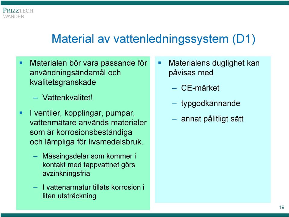 I ventiler, kopplingar, pumpar, vattenmätare används materialer som är korrosionsbeständiga och lämpliga för