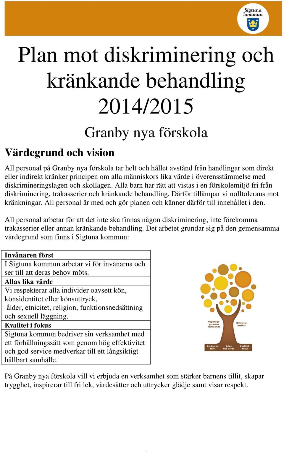 Alla barn har rätt att vistas i en förskolemiljö fri från diskriminering, trakasserier och kränkande behandling. Därför tillämpar vi nolltolerans mot kränkningar.