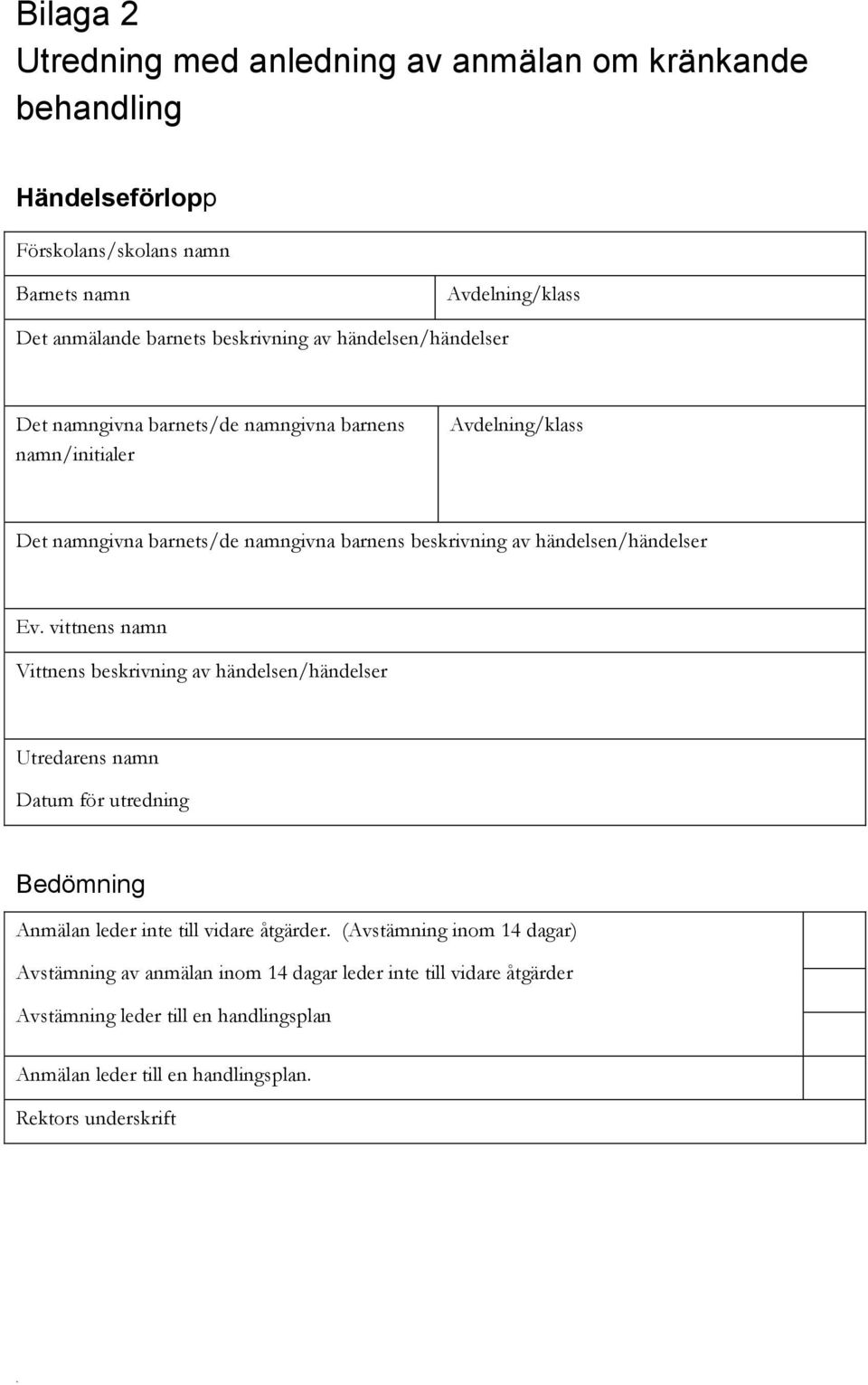 händelsen/händelser Ev. vittnens namn Vittnens beskrivning av händelsen/händelser Utredarens namn Datum för utredning Bedömning Anmälan leder inte till vidare åtgärder.