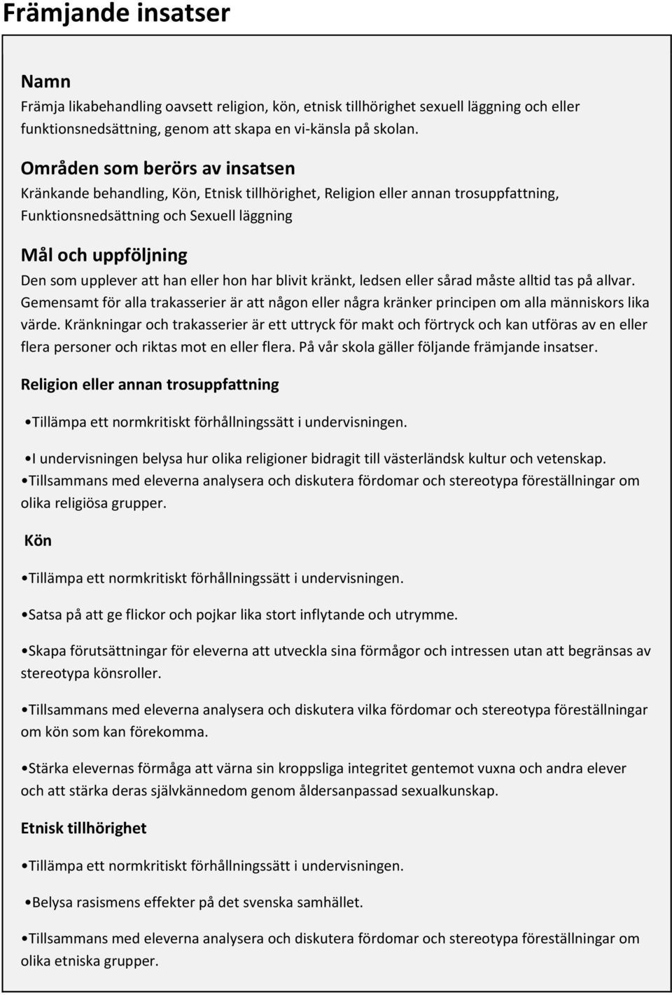 han eller hon har blivit kränkt, ledsen eller sårad måste alltid tas på allvar. Gemensamt för alla trakasserier är att någon eller några kränker principen om alla människors lika värde.