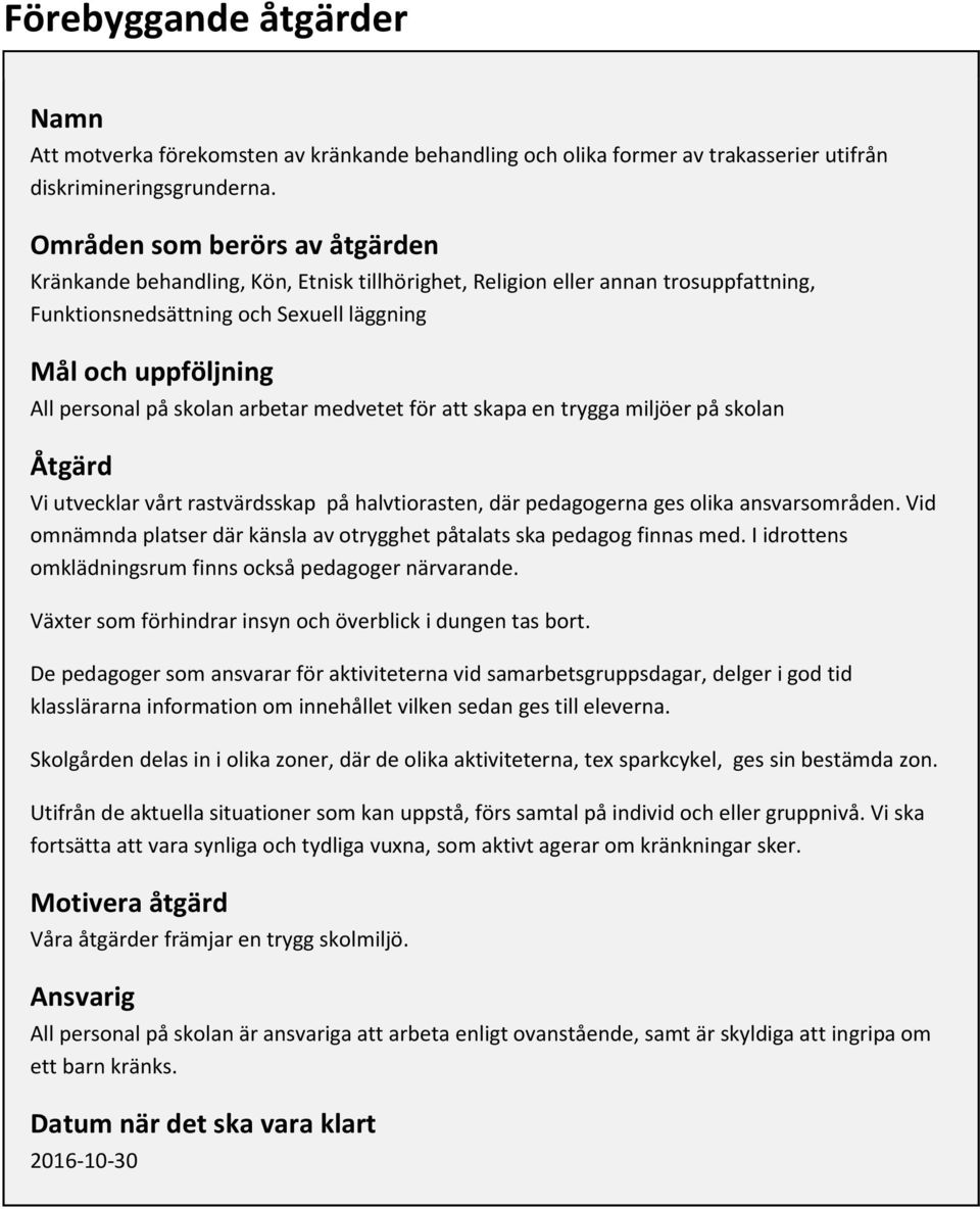 skolan arbetar medvetet för att skapa en trygga miljöer på skolan Åtgärd Vi utvecklar vårt rastvärdsskap på halvtiorasten, där pedagogerna ges olika ansvarsområden.