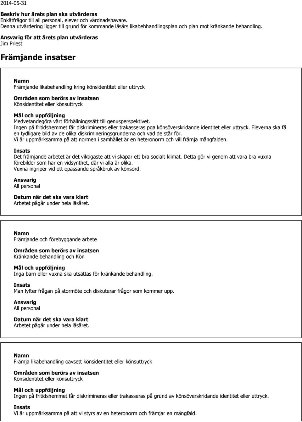 för att årets plan utvärderas Jim Priest Främjande insatser Främjande likabehandling kring könsidentitet eller uttryck Könsidentitet eller könsuttryck Medvetandegöra vårt förhållningssätt till