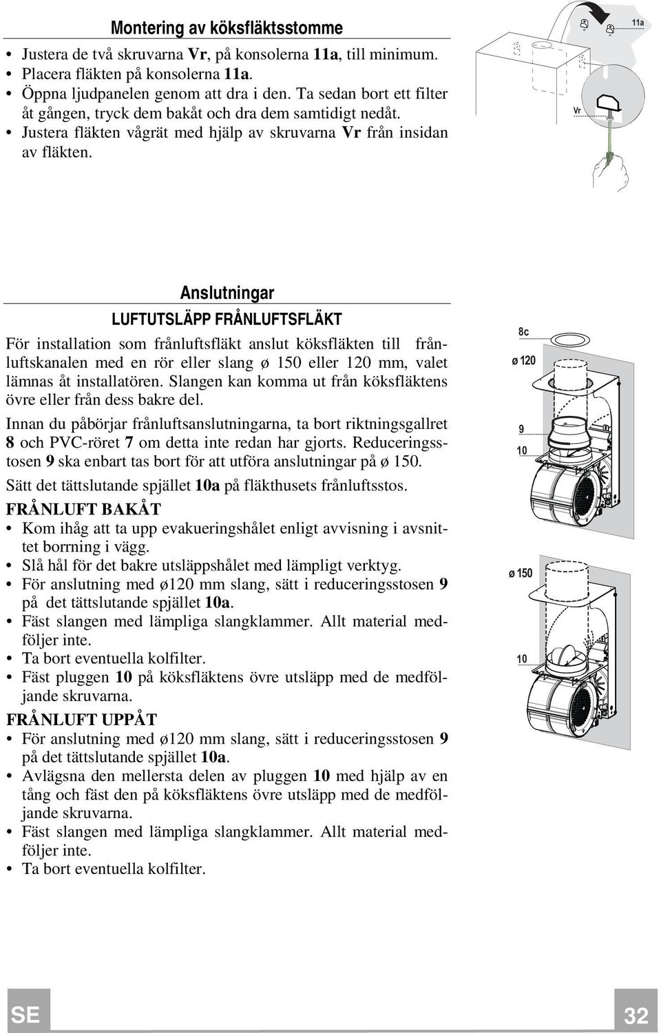 Vr 11a Anslutningar LUFTUTSLÄPP FRÅNLUFTSFLÄKT För installation som frånluftsfläkt anslut köksfläkten till frånluftskanalen med en rör eller slang ø 150 eller 120 mm, valet lämnas åt installatören.