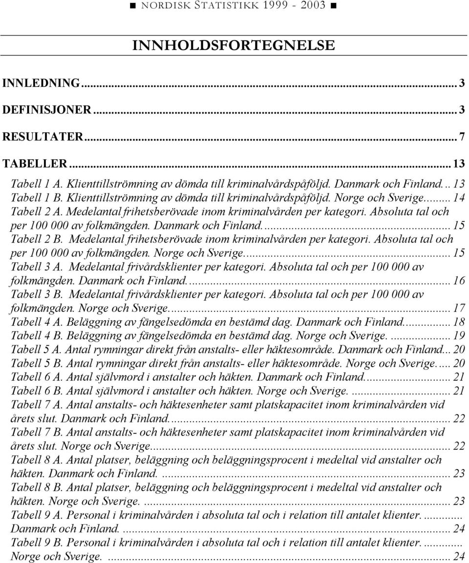 Danmark och Finland... 15 Tabell 2 B. Medelantal frihetsberövade inom kriminalvården per kategori. Absoluta tal och per 100 000 av folkmängden. Norge och Sverige... 15 Tabell 3 A.