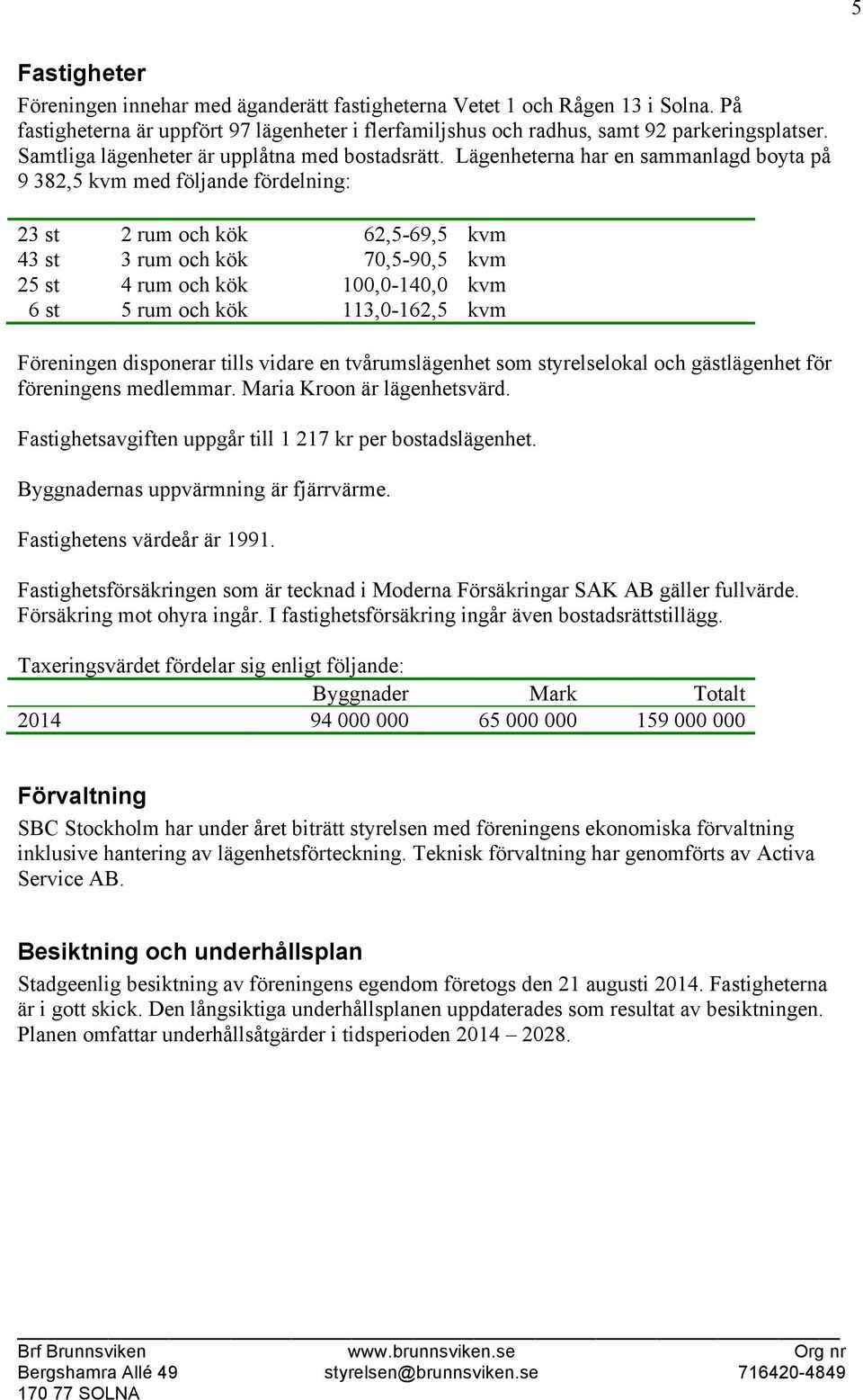 Lägenheterna har en sammanlagd boyta på 9 382,5 kvm med följande fördelning: 23 st 2 rum och kök 62,5-69,5 kvm 43 st 3 rum och kök 70,5-90,5 kvm 25 st 4 rum och kök 100,0-140,0 kvm 6 st 5 rum och kök