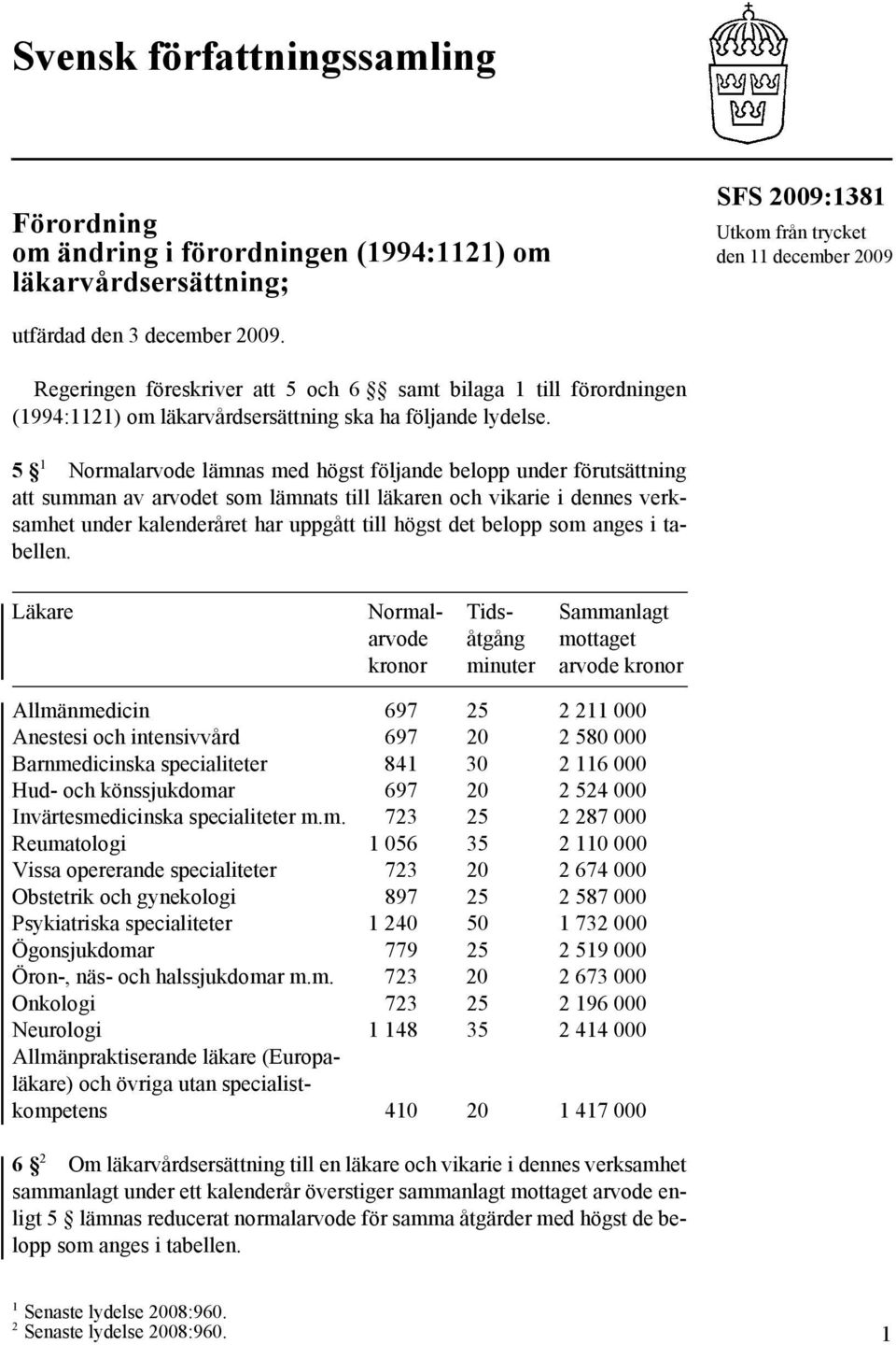 5 1 Normalarvode lämnas med högst följande belopp under förutsättning att summan av arvodet som lämnats till läkaren och vikarie i dennes verksamhet under kalenderåret har uppgått till högst det