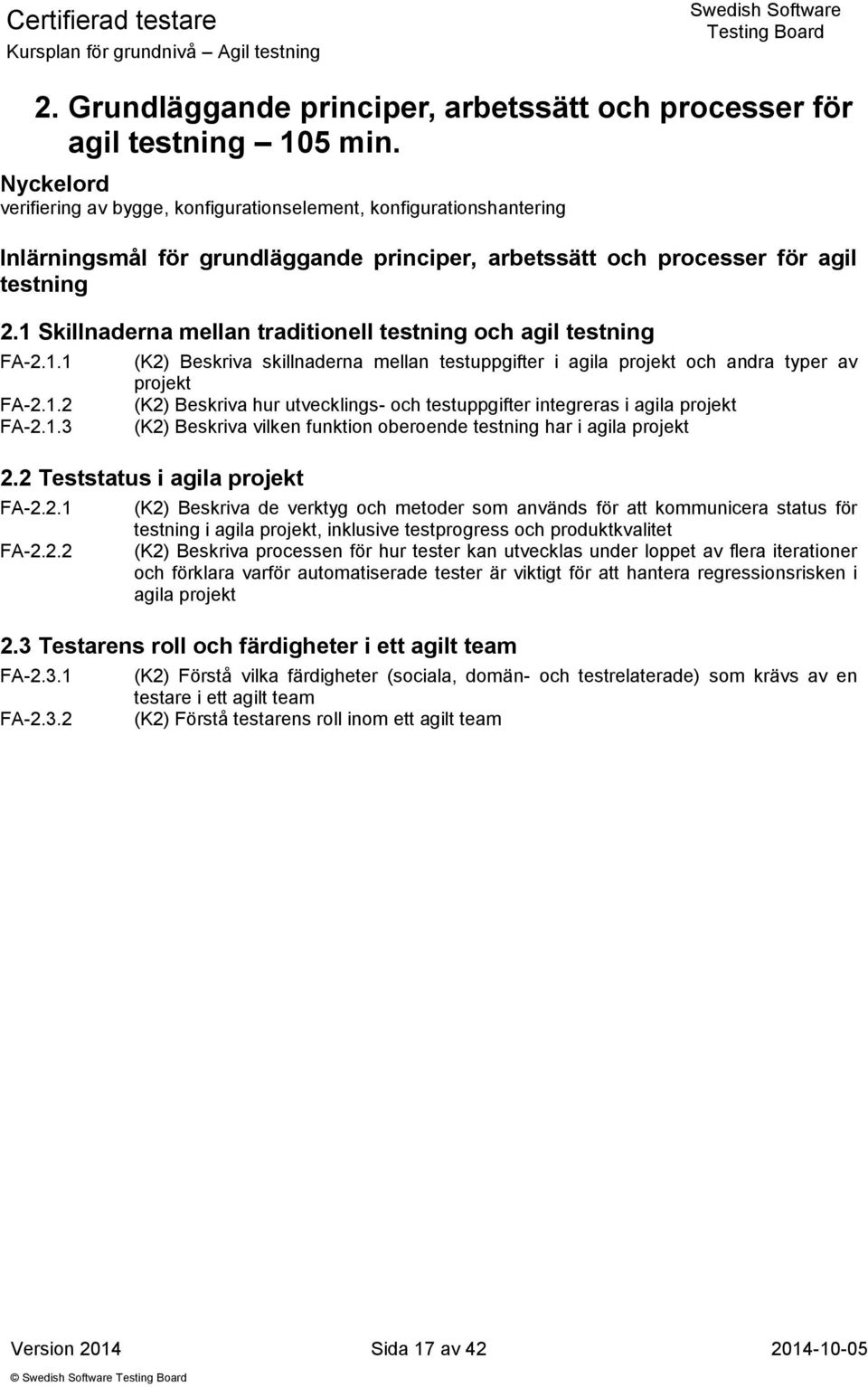 1 Skillnaderna mellan traditionell testning och agil testning FA-2.1.1 FA-2.1.2 FA-2.1.3 (K2) Beskriva skillnaderna mellan testuppgifter i agila projekt och andra typer av projekt (K2) Beskriva hur