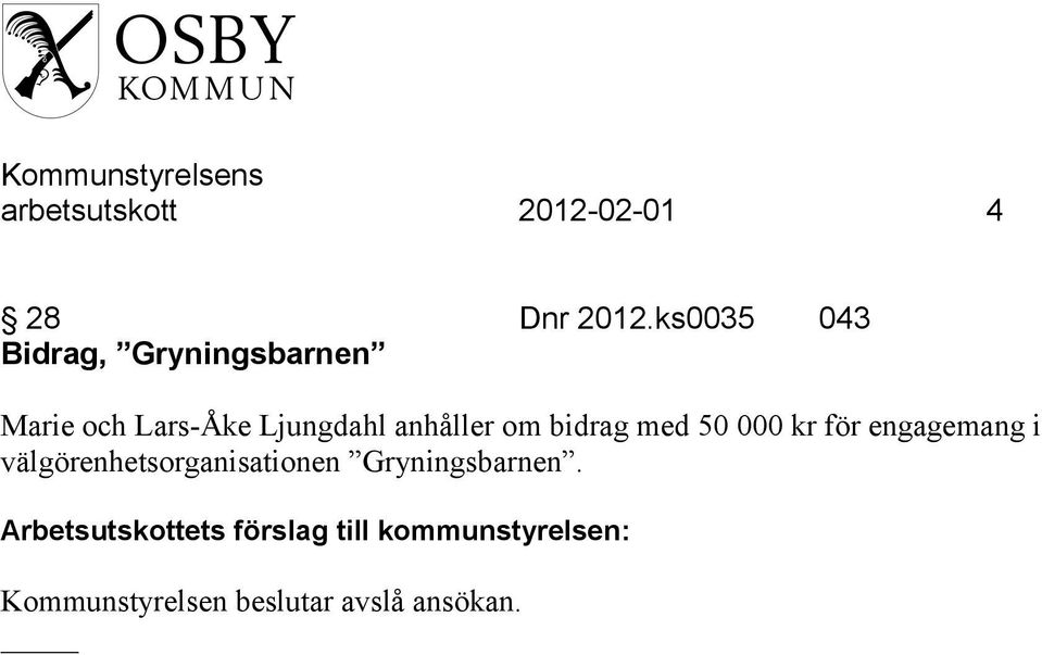anhåller om bidrag med 50 000 kr för engagemang i