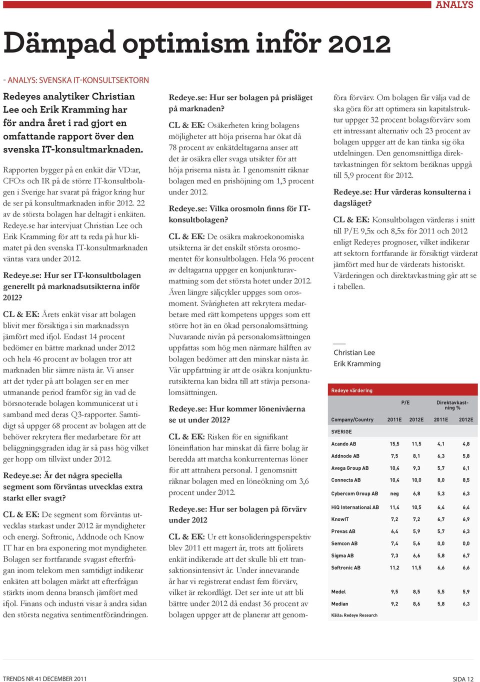 22 av de största bolagen har deltagit i enkäten. Redeye.se har intervjuat Christian Lee och Erik Kramming för att ta reda på hur klimatet på den svenska IT-konsultmarknaden väntas vara under 2012.