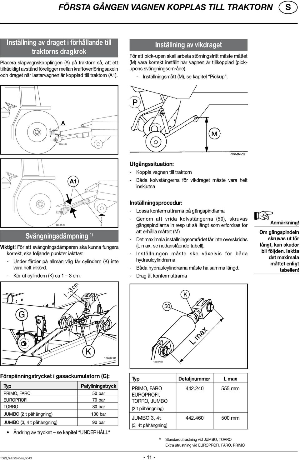 Inställning av vikdraget För att pick-upen skall arbeta störningsfritt måste måttet (M) vara korrekt inställt när vagnen är tillkopplad (pickupens svängningsområde).