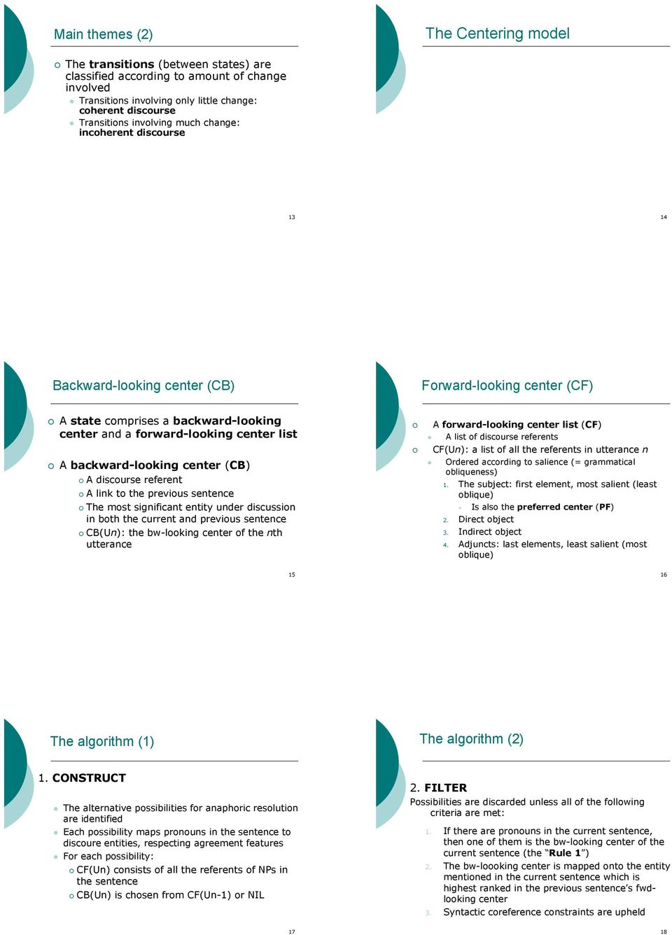discourse 13 14 Backward-looking center (CB) Forward-looking center (CF)! A state comprises a backward-looking center and a forward-looking center list! A backward-looking center (CB)!