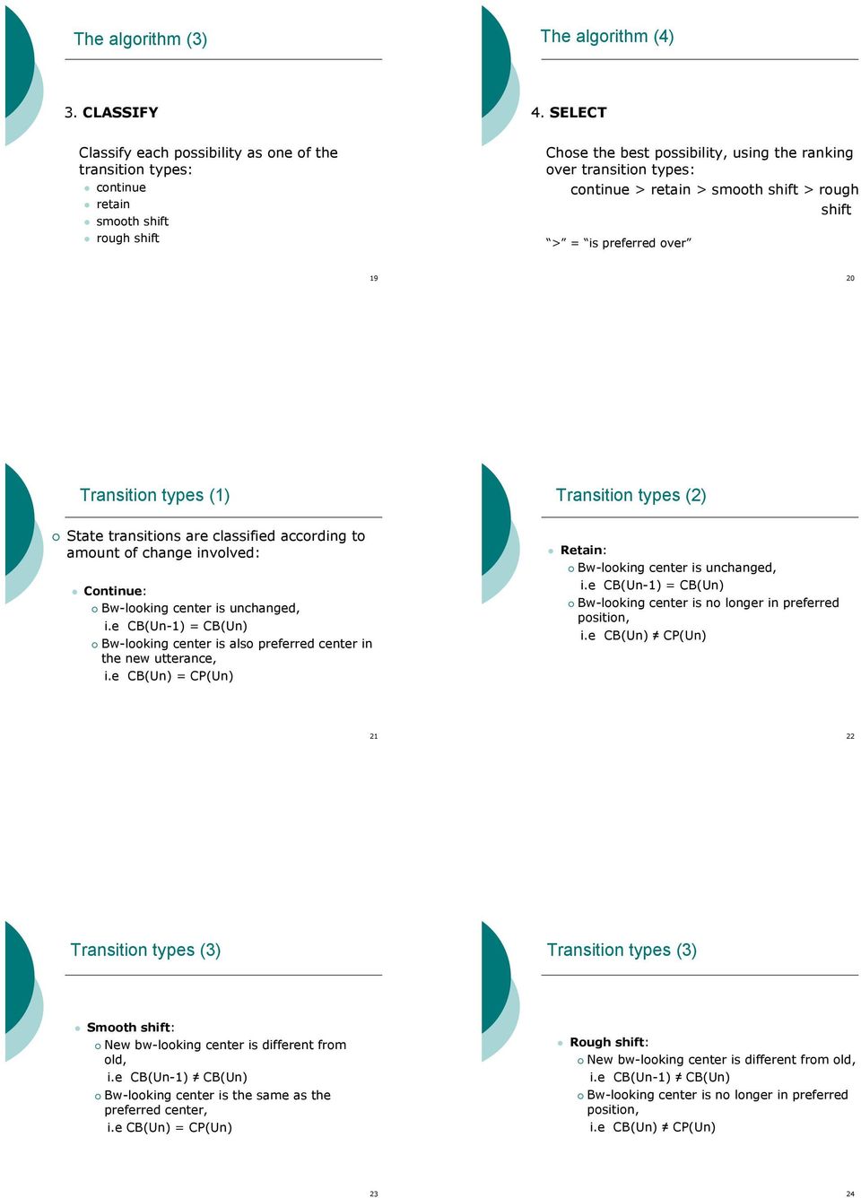 retain > smooth shift > rough shift > = is preferred over 19 20 Transition types (1) Transition types (2)! State transitions are classified according to amount of change involved: " Continue:!