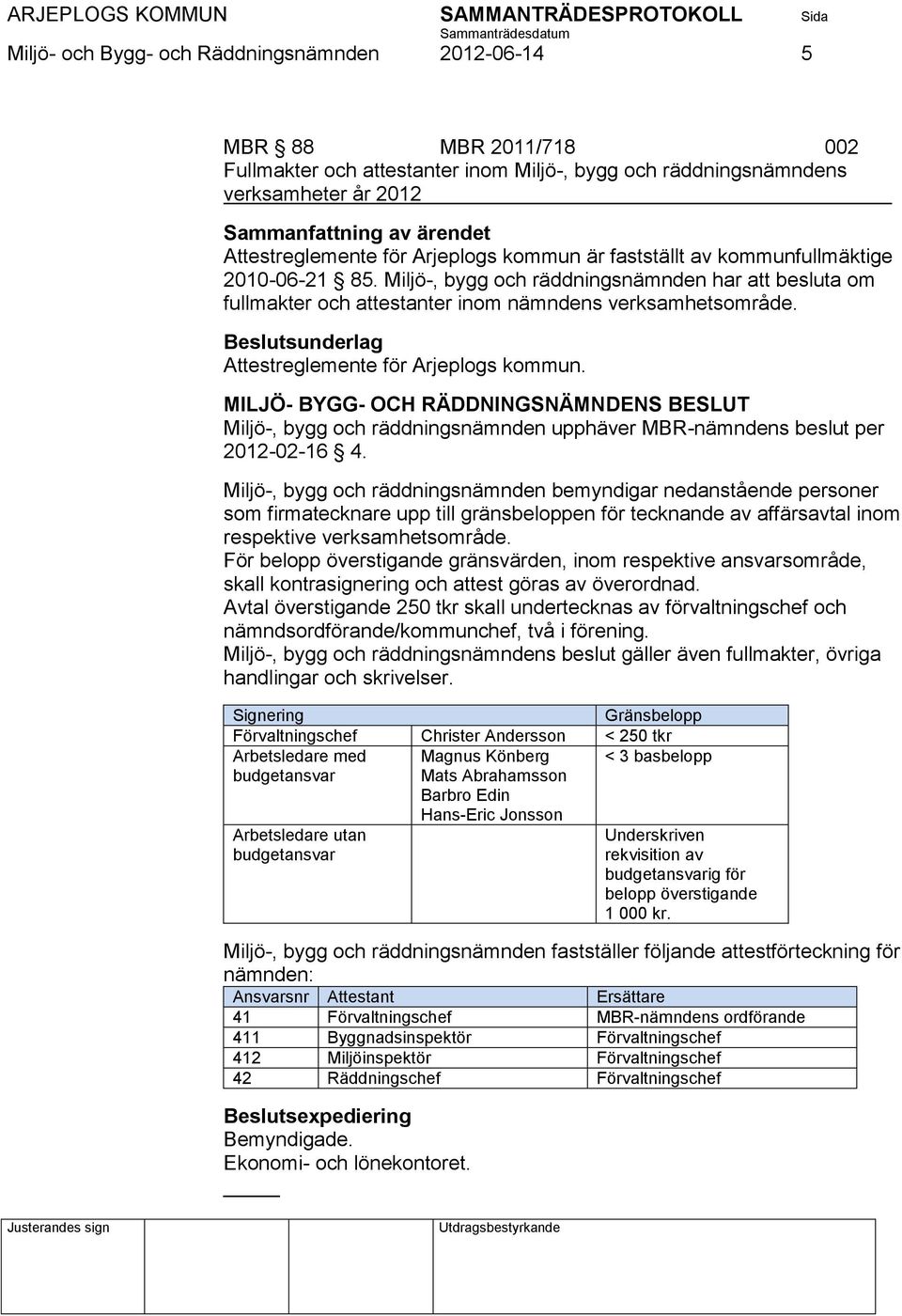 Attestreglemente för Arjeplogs kommun. Miljö-, bygg och räddningsnämnden upphäver MBR-nämndens beslut per 2012-02-16 4.