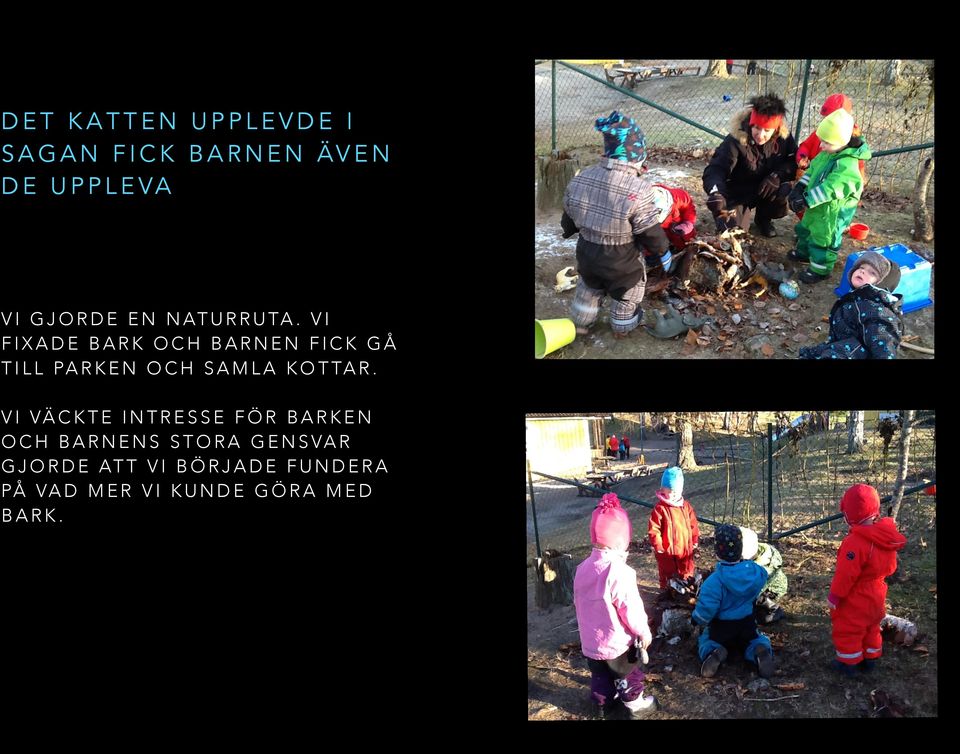 VI FIXADE BARK OCH BARNEN FICK GÅ TILL PARKEN OCH SAMLA KOTTAR.