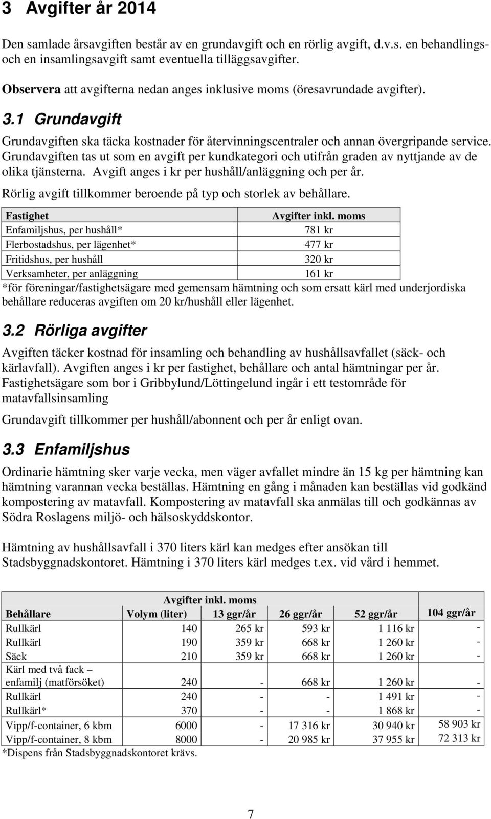 Grundavgiften tas ut som en avgift per kundkategori och utifrån graden av nyttjande av de olika tjänsterna. Avgift anges i kr per hushåll/anläggning och per år.