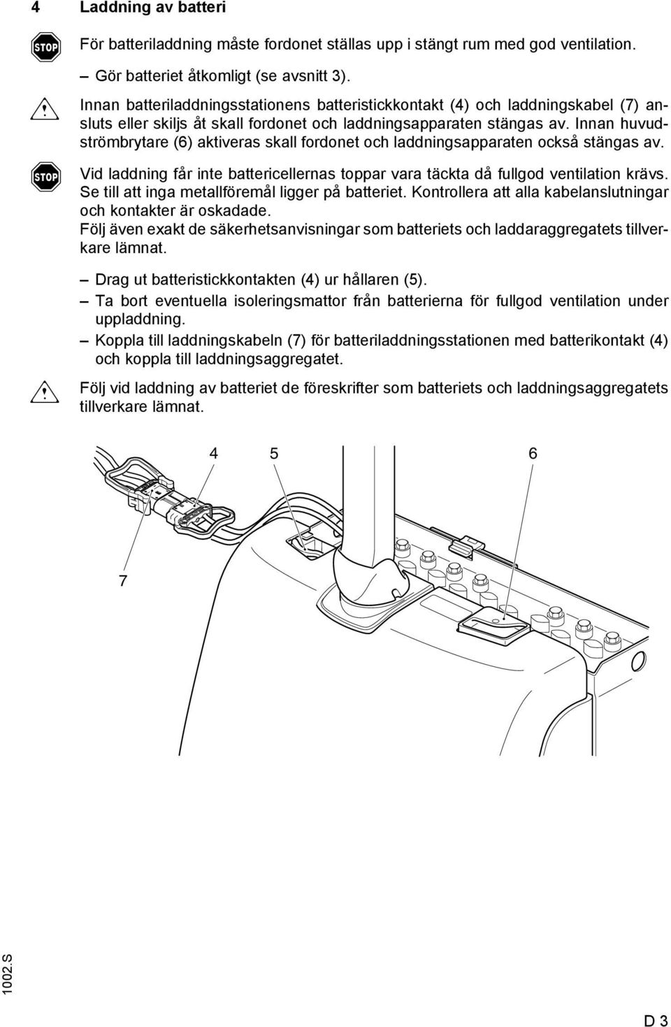 Innan huvudströmbrytare (6) aktiveras skall fordonet och laddningsapparaten också stängas av. Vid laddning får inte battericellernas toppar vara täckta då fullgod ventilation krävs.