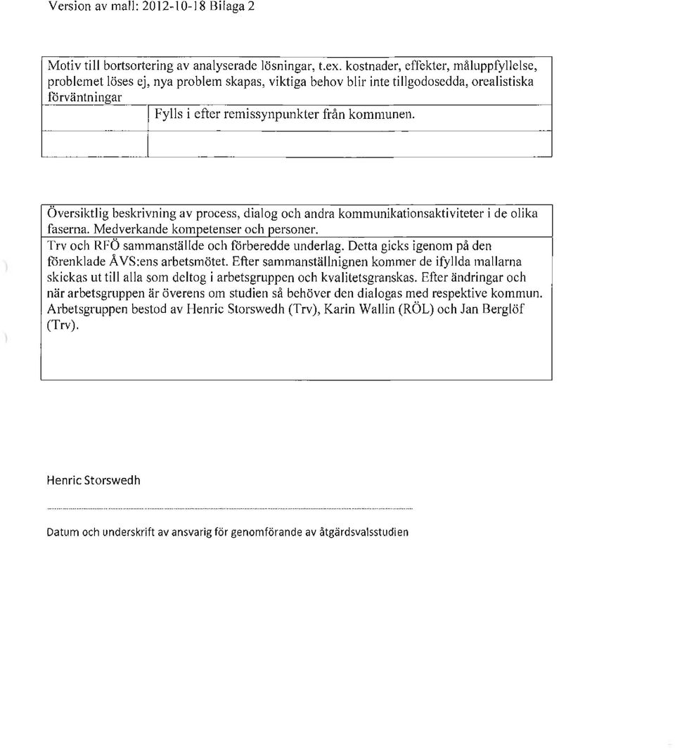 Översiktlig beskrivning av process, dialog och andra kommunikationsaktiviteter i de olika faserna. Medverkande kompetenser och personer. Trv och RFÖ sammanställde och förberedde underlag.