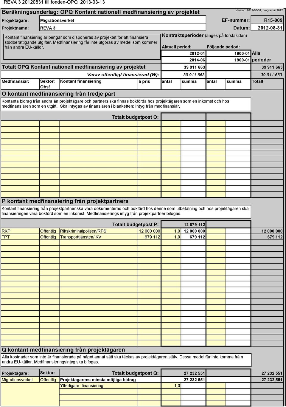 Totalt OPQ Kontant nationell medfinansiering av projektet Medfinansiär: Sektor: Obs!