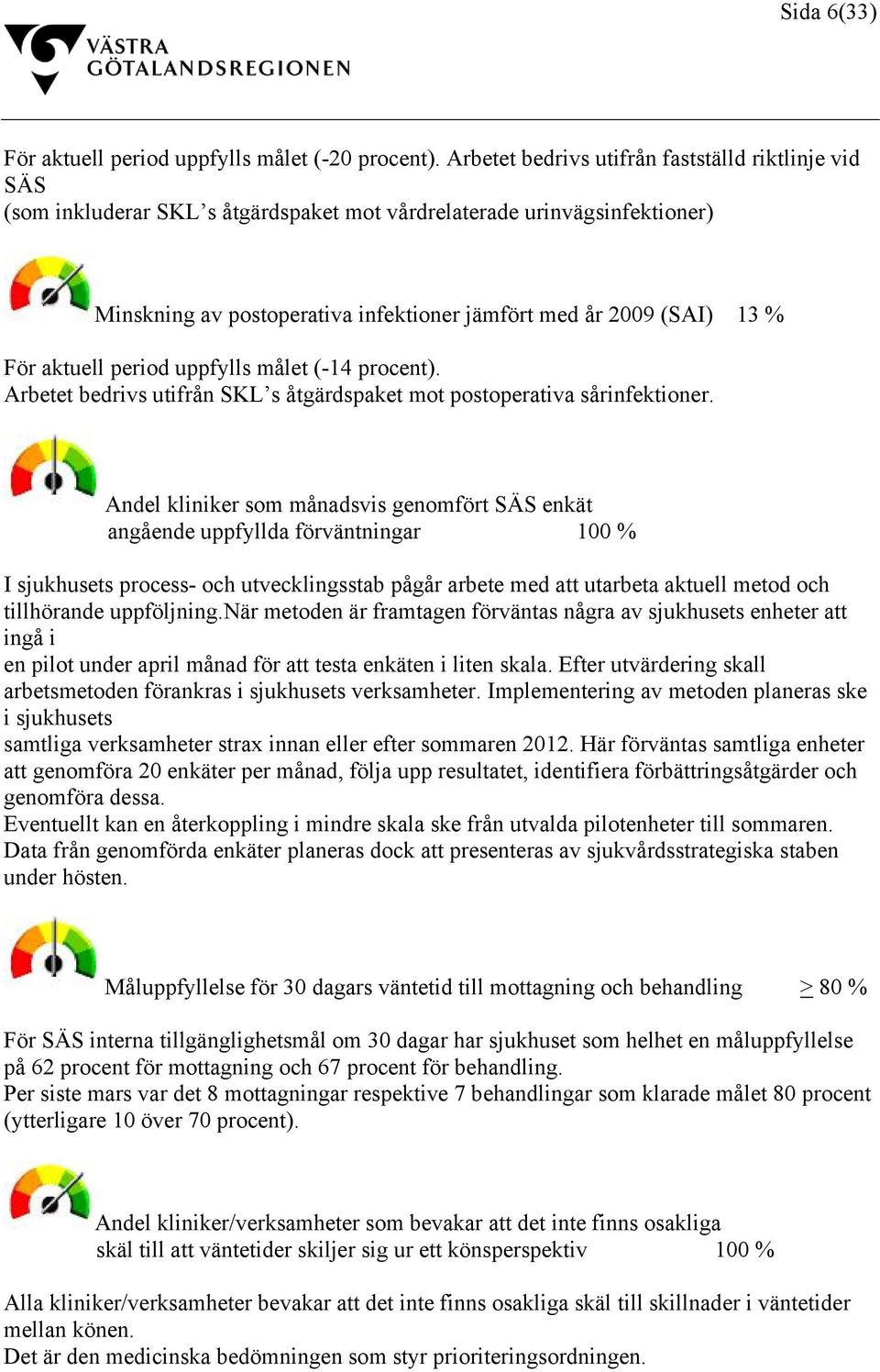 För aktuell period uppfylls målet (-14 procent). Arbetet bedrivs utifrån SKL s åtgärdspaket mot postoperativa sårinfektioner.