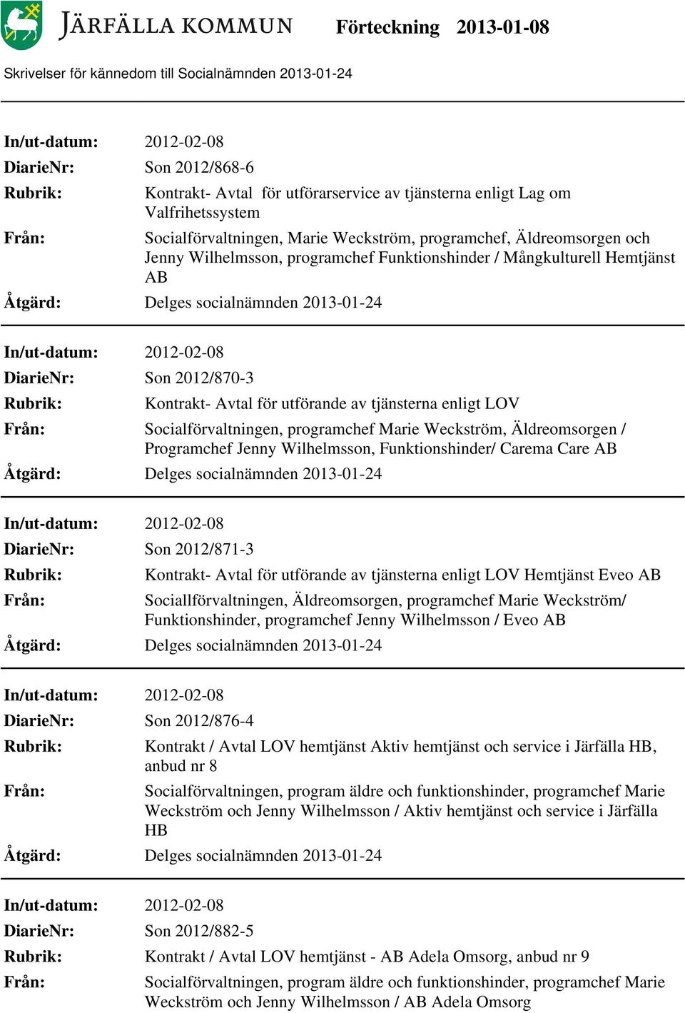 Care AB Son 2012/871-3 Kontrakt- Avtal för utförande av tjänsterna enligt LOV Hemtjänst Eveo AB Sociallförvaltningen, Äldreomsorgen, programchef Marie Weckström/ Funktionshinder, programchef Jenny