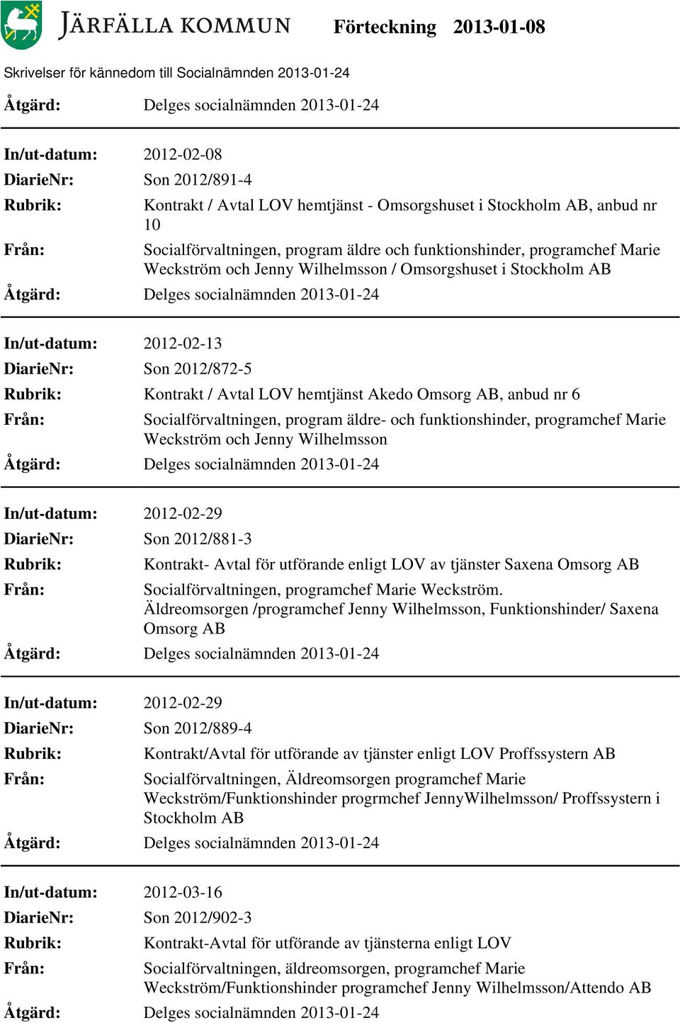 In/ut-datum: 2012-02-29 Son 2012/881-3 Kontrakt- Avtal för utförande enligt LOV av tjänster Saxena Omsorg AB, programchef Marie Weckström.