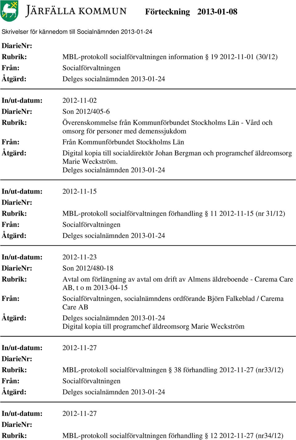 Delges socialnämnden 2013-01-24 In/ut-datum: 2012-11-15 MBL-protokoll socialförvaltningen förhandling 11 2012-11-15 (nr 31/12) In/ut-datum: 2012-11-23 Son 2012/480-18 Åtgärd: Avtal om förlängning av