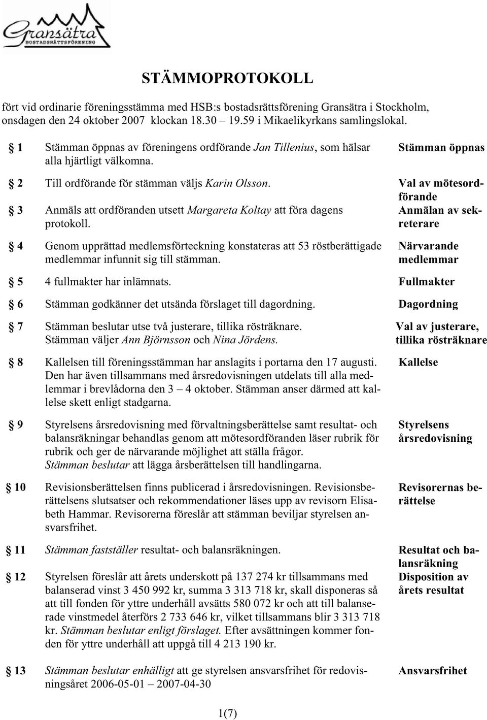 Val av mötesordförande 3 Anmäls att ordföranden utsett Margareta Koltay att föra dagens protokoll.
