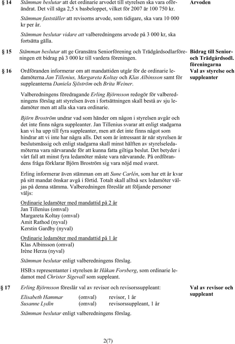 Arvoden 15 Stämman beslutar att ge Gransätra Seniorförening och Trädgårdsodlarföreningen ett bidrag på 3 000 kr till vardera föreningen.