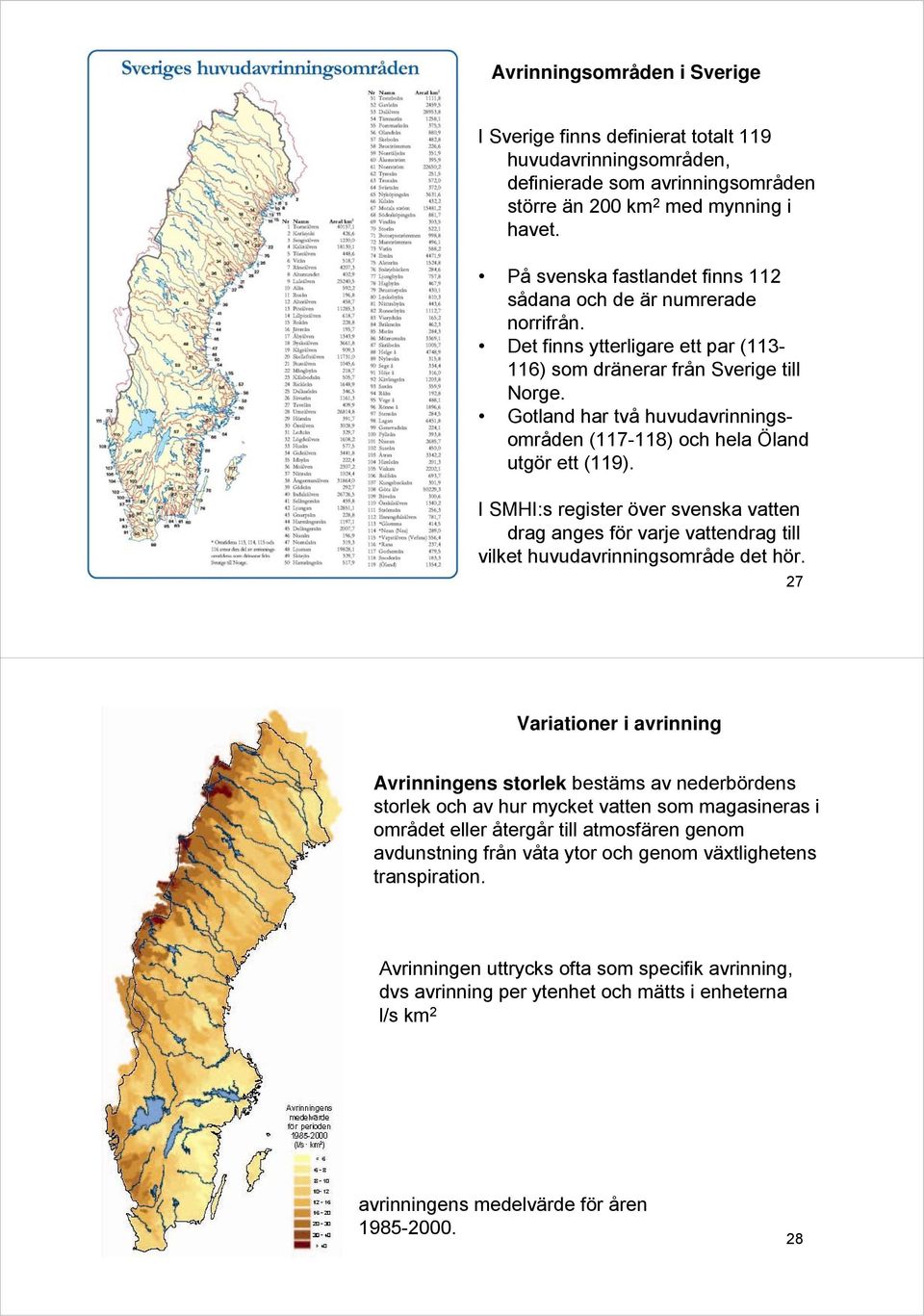 Gotland har två huvudavrinningsområden (117-118) och hela Öland utgör ett (119). I SMHI:s register över svenska vatten drag anges för varje vattendrag till vilket huvudavrinningsområde det hör.