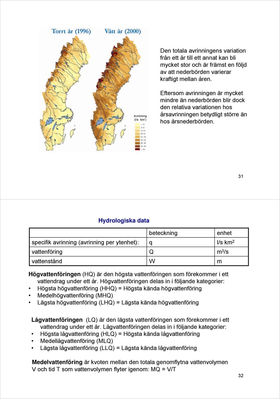 31 Hydrologiska data specifik avrinning (avrinning per ytenhet): vattenföring vattenstånd beteckning q Q W enhet l/s km 2 m 3 /s m Högvattenföringen (HQ) är den högsta vattenföringen som förekommer i