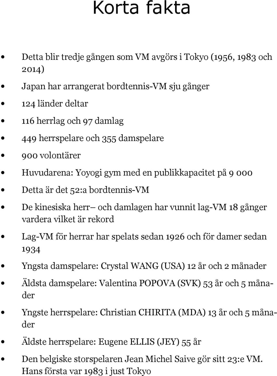 rekord Lag-VM för herrar har spelats sedan 1926 och för damer sedan 1934 Yngsta damspelare: Crystal WANG (USA) 12 år och 2 månader Äldsta damspelare: Valentina POPOVA (SVK) 53 år och 5 månader