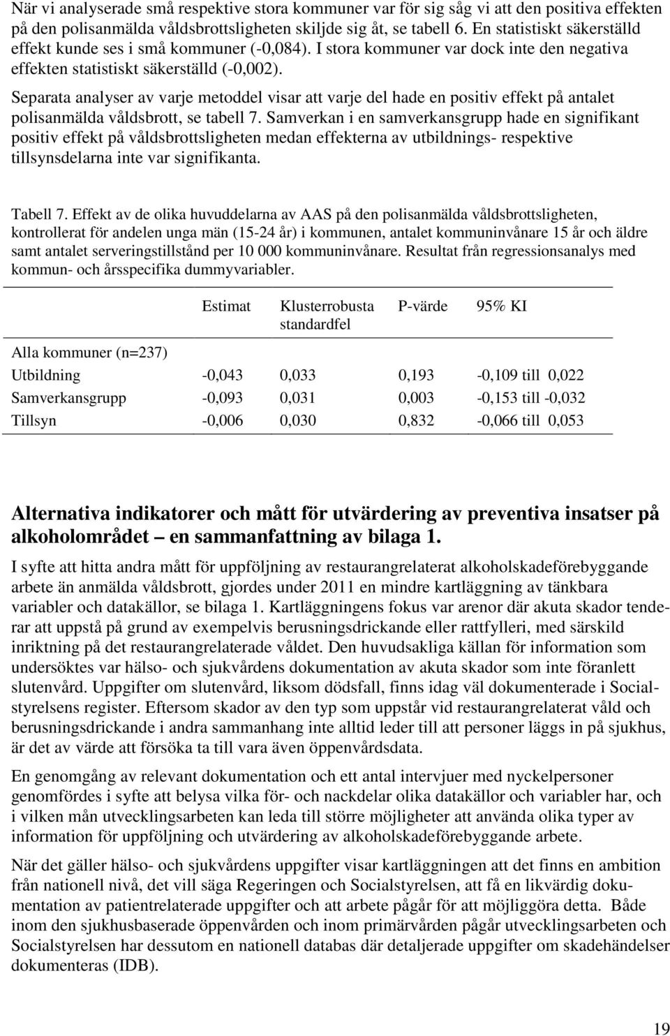 Separata analyser av varje metoddel visar att varje del hade en positiv effekt på antalet polisanmälda våldsbrott, se tabell 7.