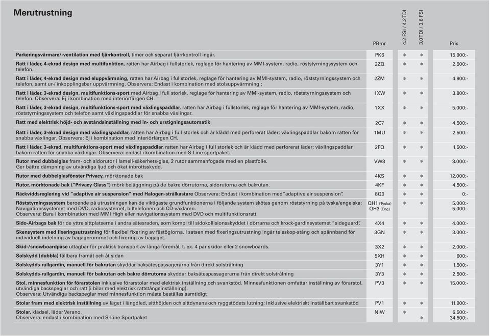 Ratt i läder, 4-ekrad design med eluppvärmning, ratten har Airbag i fullstorlek, reglage för hantering av MMI-system, radio, röststyrningssystem och telefon, samt ur-/ inkopplingsbar uppvärmning.