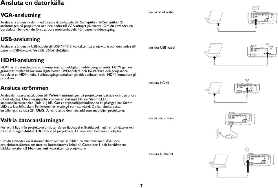 USB-anslutning Anslut ena änden av USB-kabeln till USB MINI-B-kontakten på projektorn och den andra till datorns USB-kontakt. Se sida 36för detaljer.