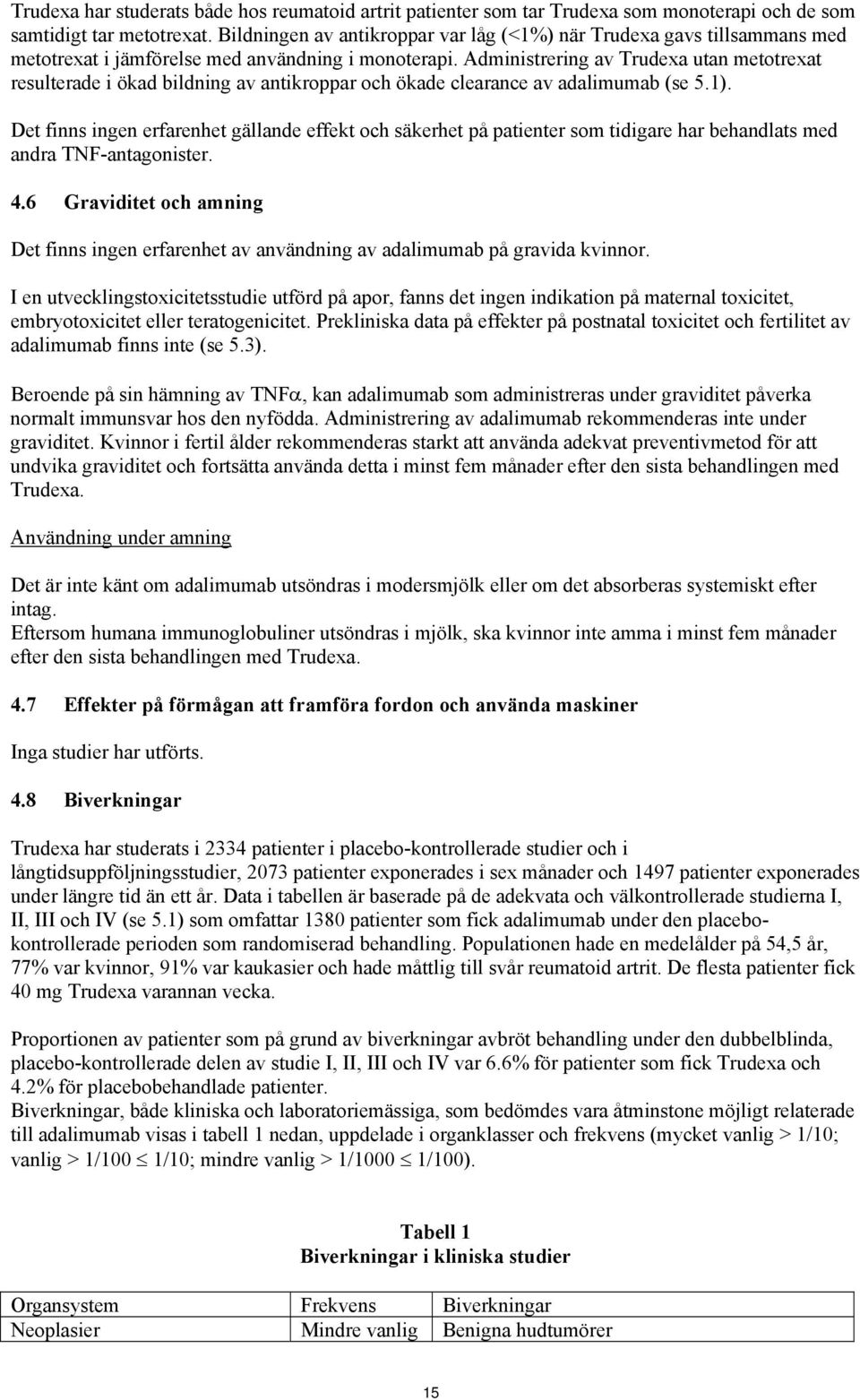 Administrering av Trudexa utan metotrexat resulterade i ökad bildning av antikroppar och ökade clearance av adalimumab (se 5.1).
