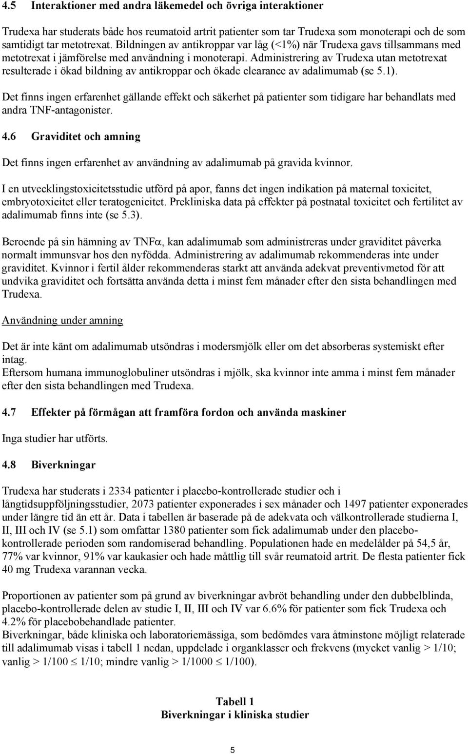 Administrering av Trudexa utan metotrexat resulterade i ökad bildning av antikroppar och ökade clearance av adalimumab (se 5.1).