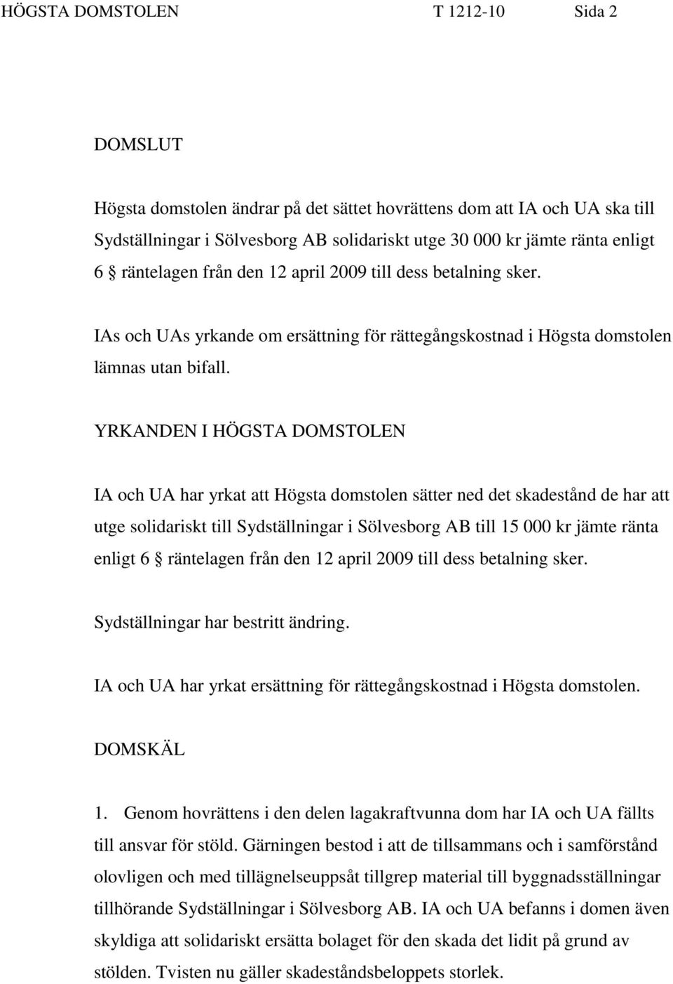 YRKANDEN I HÖGSTA DOMSTOLEN IA och UA har yrkat att Högsta domstolen sätter ned det skadestånd de har att utge solidariskt till Sydställningar i Sölvesborg AB till 15 000 kr jämte ränta enligt 6