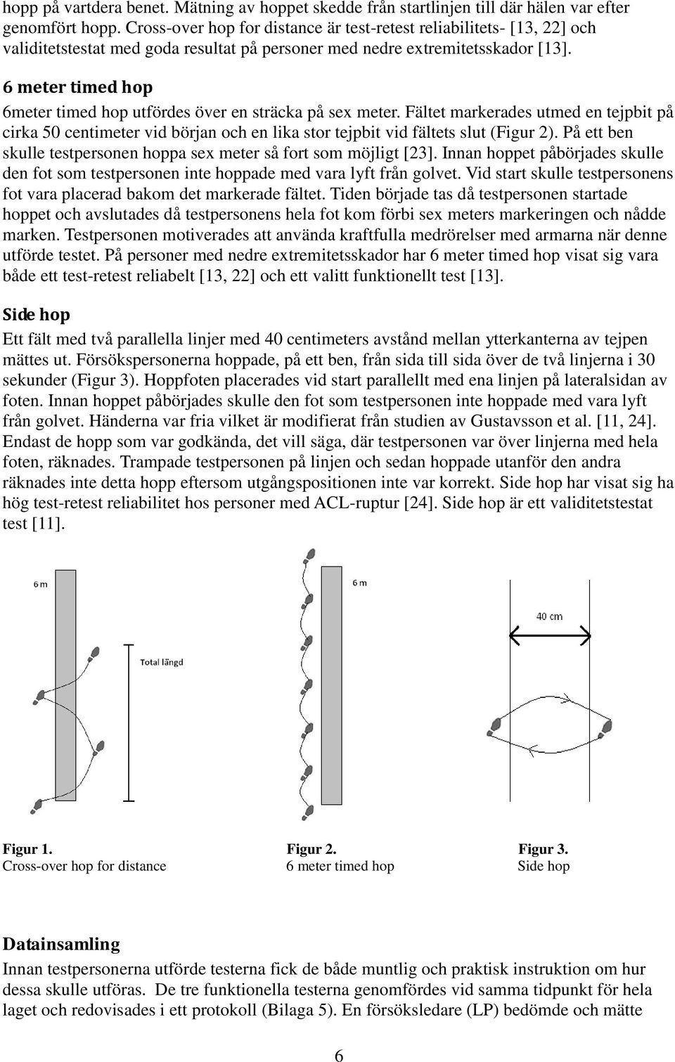 6 meter timed hop 6meter timed hop utfördes över en sträcka på sex meter. Fältet markerades utmed en tejpbit på cirka 50 centimeter vid början och en lika stor tejpbit vid fältets slut (Figur 2).