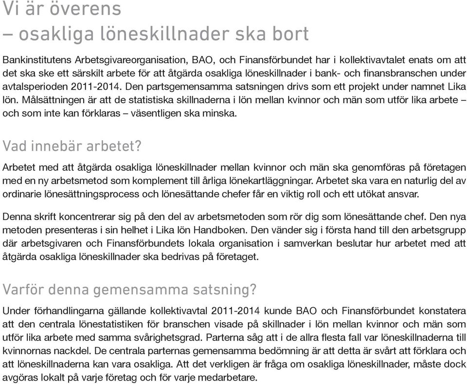 Målsättningen är att de statistiska skillnaderna i lön mellan kvinnor och män som utför lika arbete och som inte kan förklaras väsentligen ska minska. Vad innebär arbetet?