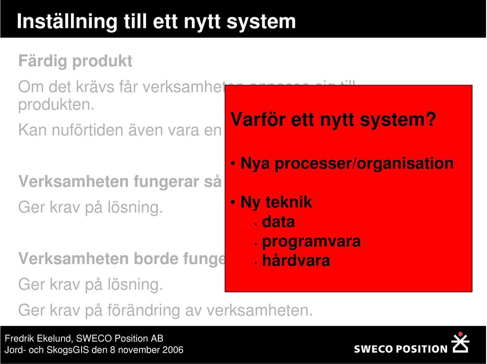 Nya processer/organisation Verksamheten fungerar så här Ger krav på lösning.