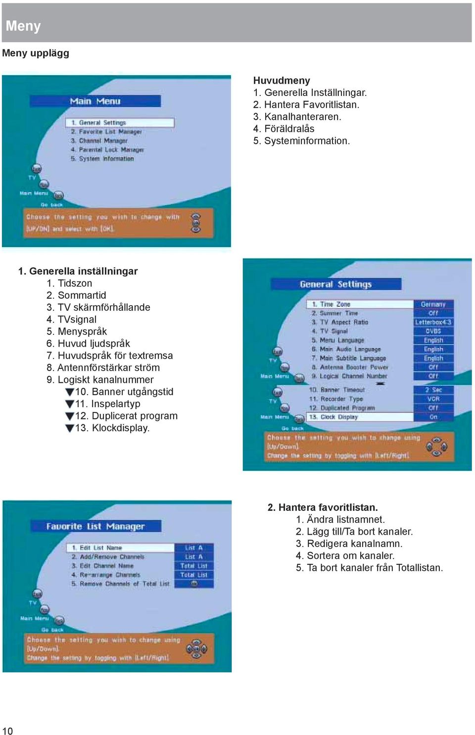 Logiskt kanalnummer 10. Banner utgångstid 11. Inspelartyp 12. Duplicerat program 13. Klockdisplay. 2. Hantera favoritlistan. 1. Ändra listnamnet.