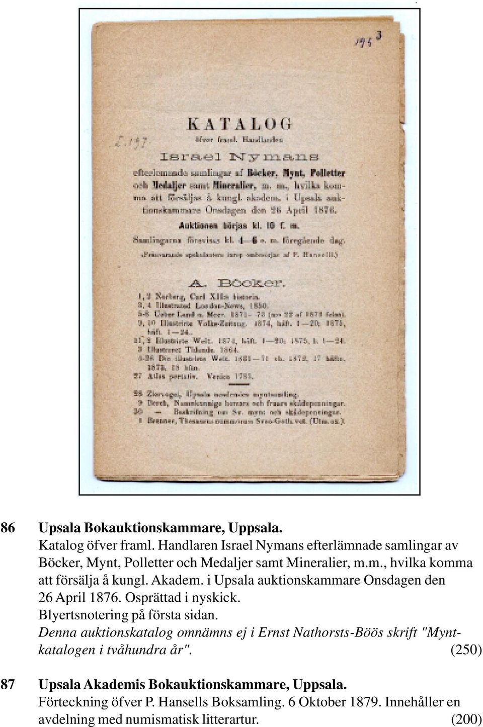 Akadem. i Upsala auktionskammare Onsdagen den 26 April 1876. Osprättad i nyskick. Blyertsnotering på första sidan.