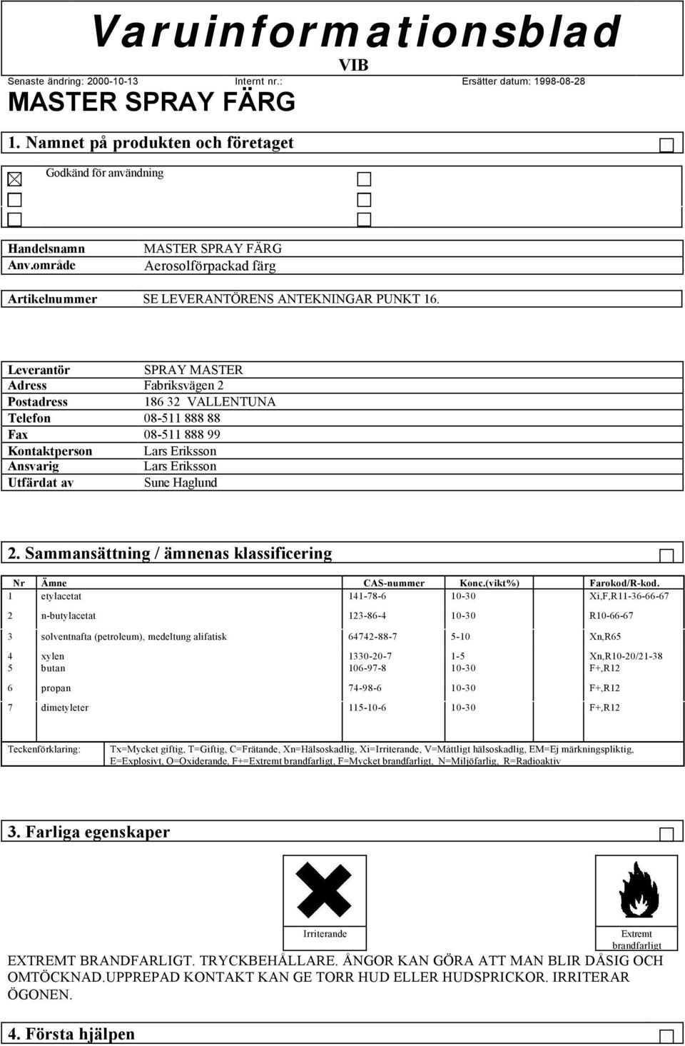 Sammansättning / ämnenas klassificering Nr Ämne CAS-nummer Konc.(vikt%) Rest-list Farokod/R-kod.