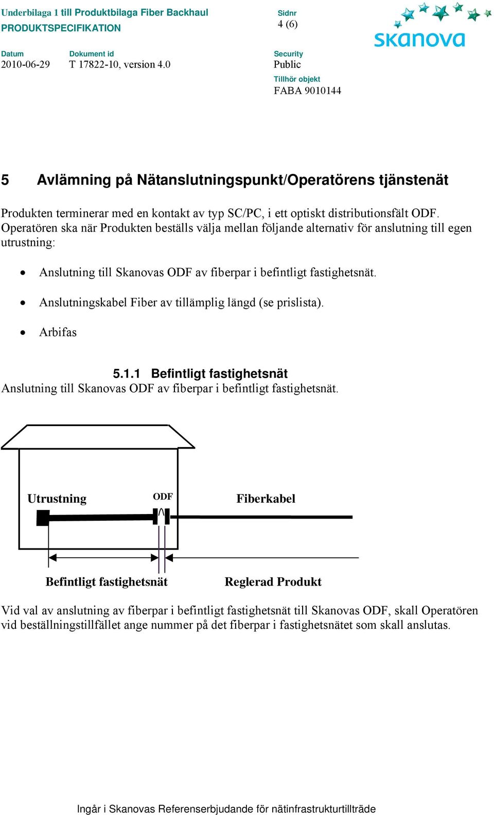 Anslutningskabel Fiber av tillämplig längd (se prislista). Arbifas 5.1.1 Befintligt fastighetsnät Anslutning till Skanovas ODF av fiberpar i befintligt fastighetsnät.