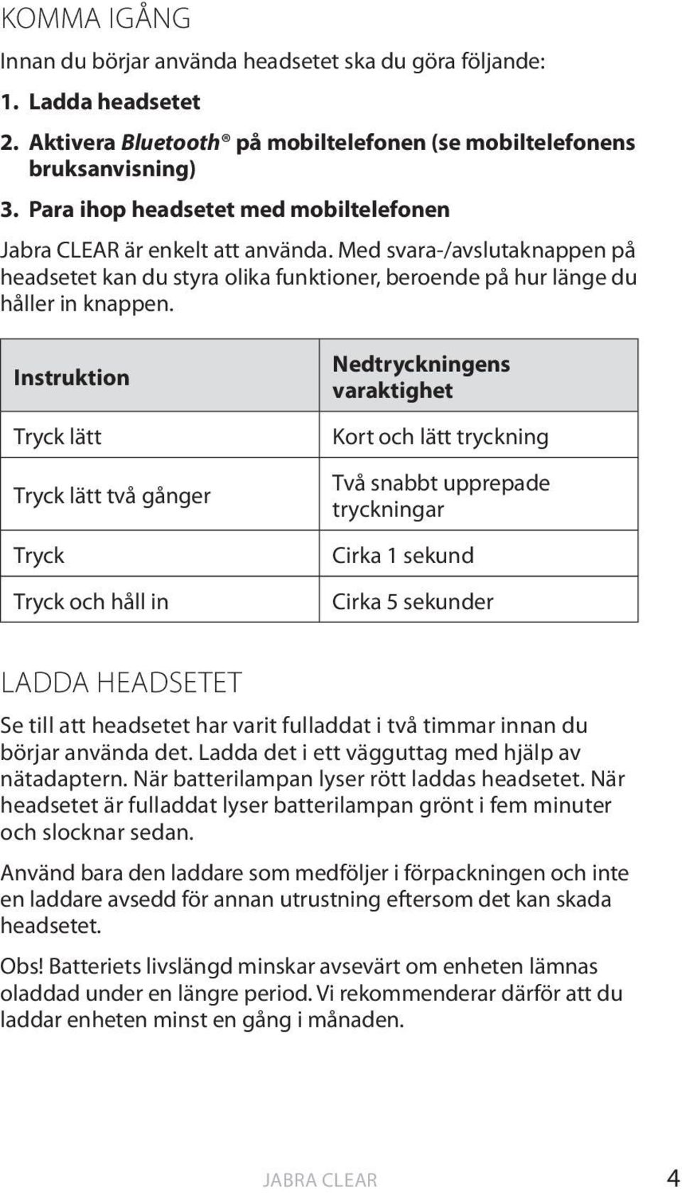 Instruktion Tryck lätt Tryck lätt två gånger Tryck Tryck och håll in Nedtryckningens varaktighet Kort och lätt tryckning Två snabbt upprepade tryckningar Cirka 1 sekund Cirka 5 sekunder LADDA