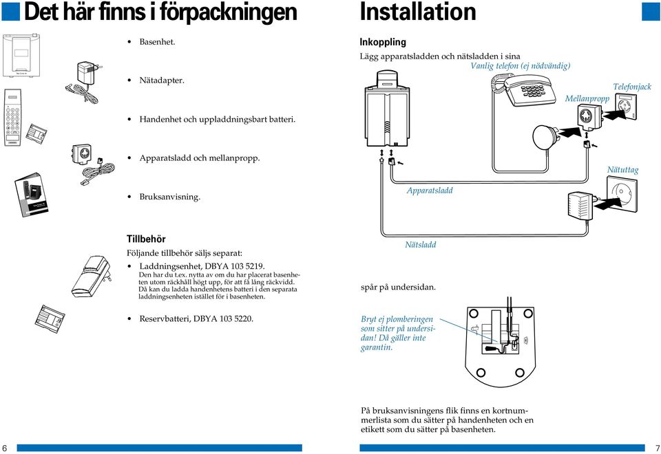 Mellanpropp Telefonjack 1 2 3 4 5 6 7 8 9 0 Handenhet och uppladdningsbart batteri. R Apparatsladd och mellanpropp. Nätuttag Telia Contur 44 Bruksanvisning Bruksanvisning.