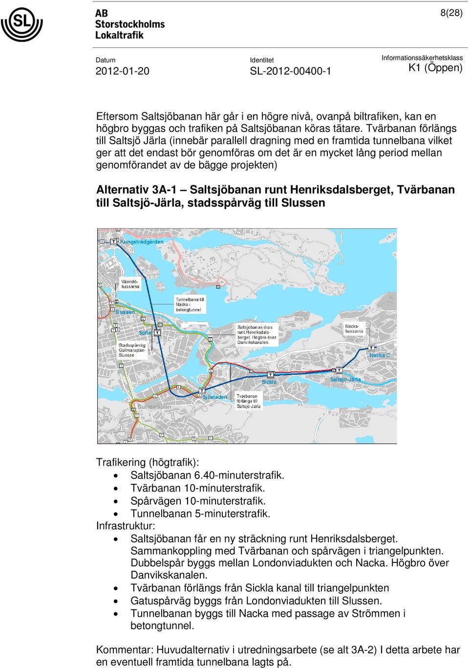projekten) Alternativ 3A-1 Saltsjöbanan runt Henriksdalsberget, Tvärbanan till Saltsjö-Järla, stadsspårväg till Slussen Trafikering (högtrafik): Saltsjöbanan 6.40-minuterstrafik.
