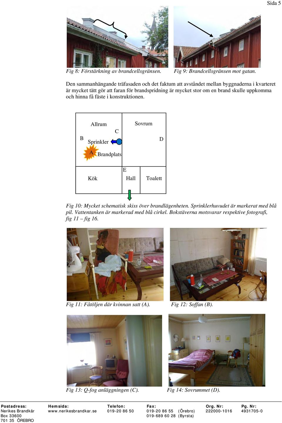 skulle uppkomma och hinna få fäste i konstruktionen. B Allrum Sprinkler C Sovrum D A Brandplats Kök E Hall Toalett Fig 10: Mycket schematisk skiss över brandlägenheten.