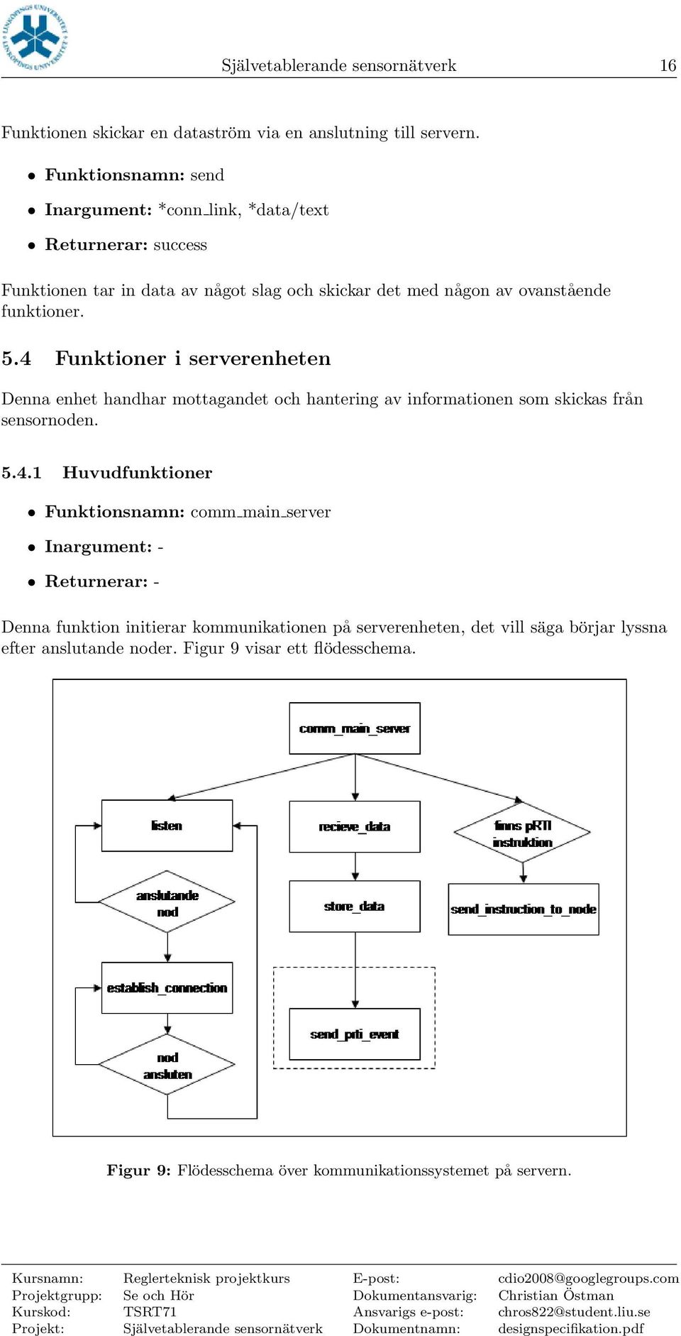 4 Funktioner i serverenheten Denna enhet handhar mottagandet och hantering av informationen som skickas från sensornoden. 5.4.1 Huvudfunktioner Funktionsnamn: comm main